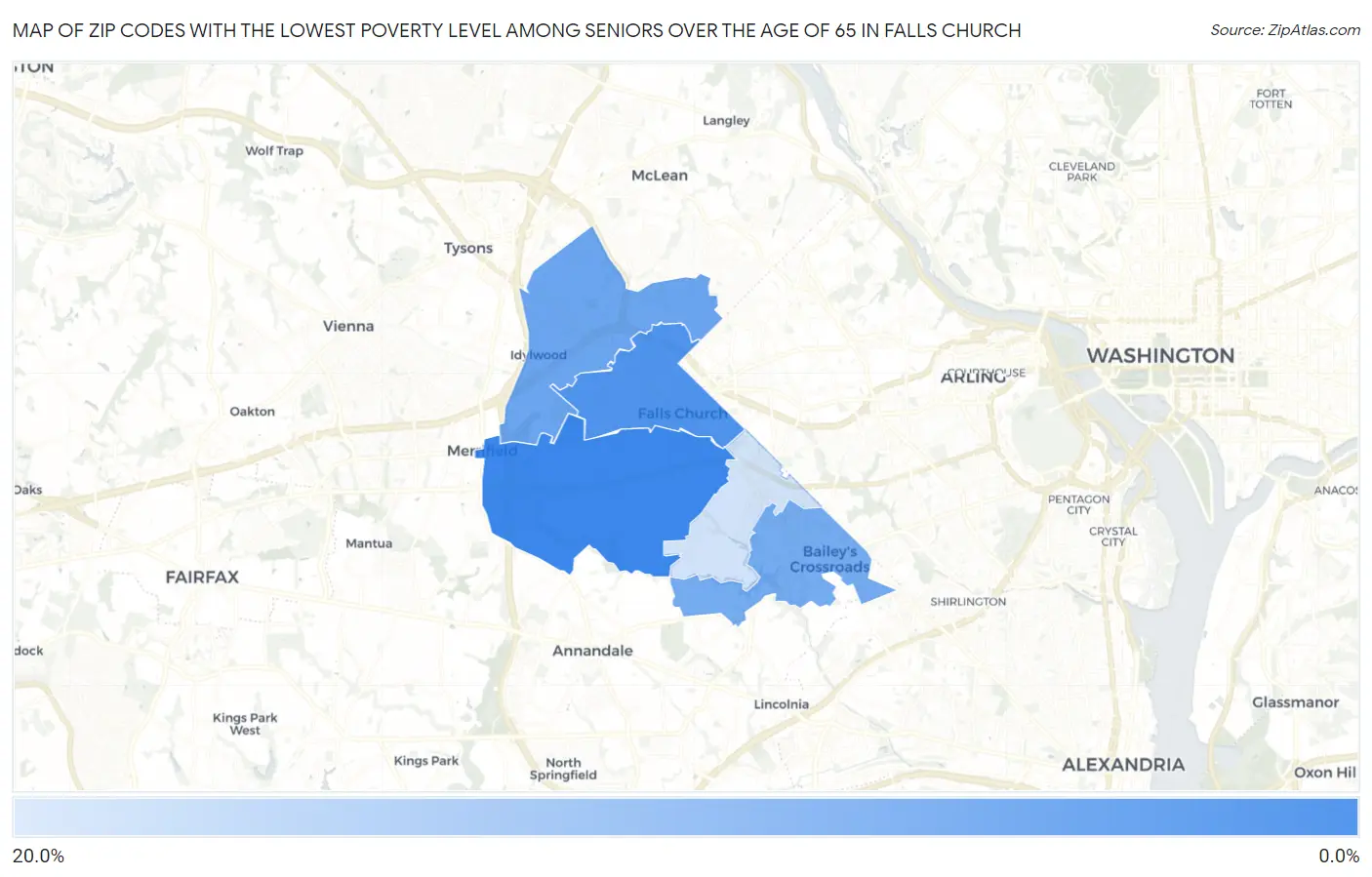 Zip Codes with the Lowest Poverty Level Among Seniors Over the Age of 65 in Falls Church Map