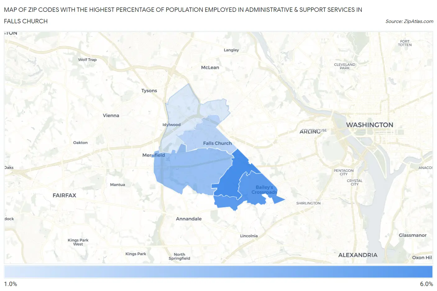 Zip Codes with the Highest Percentage of Population Employed in Administrative & Support Services in Falls Church Map
