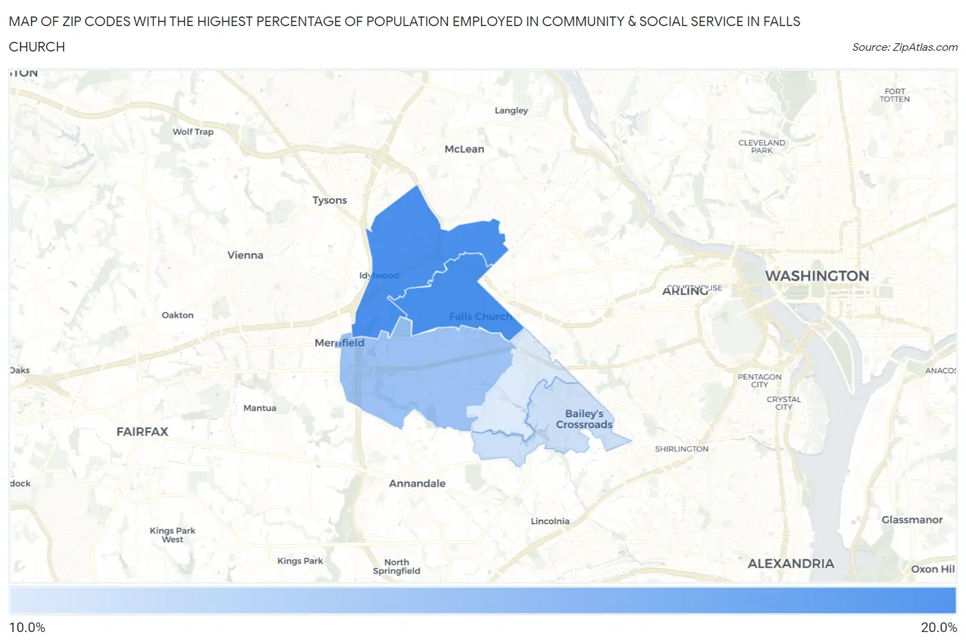 Zip Codes with the Highest Percentage of Population Employed in Community & Social Service  in Falls Church Map