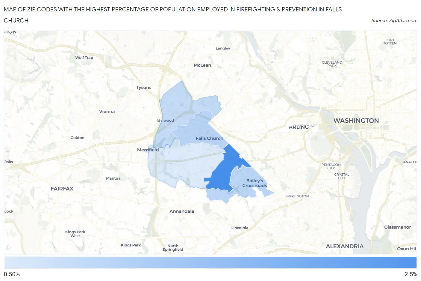 Zip Codes with the Highest Percentage of Population Employed in Firefighting & Prevention in Falls Church Map