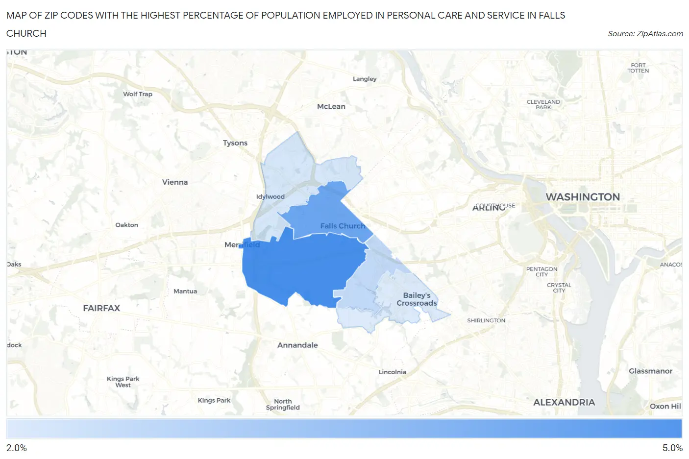 Zip Codes with the Highest Percentage of Population Employed in Personal Care and Service in Falls Church Map