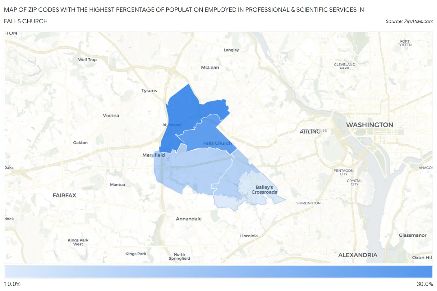 Zip Codes with the Highest Percentage of Population Employed in Professional & Scientific Services in Falls Church Map