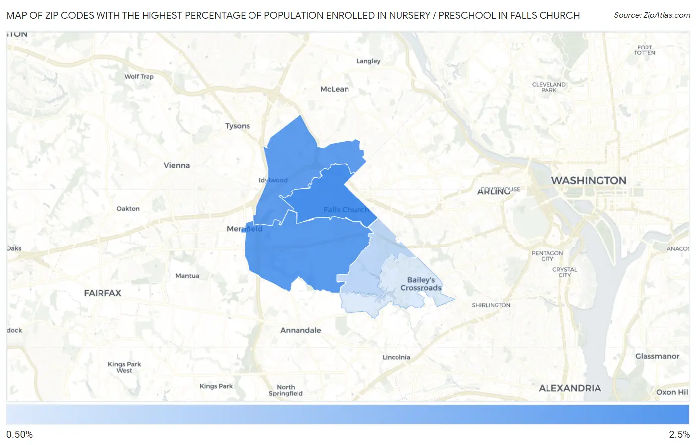 Zip Codes with the Highest Percentage of Population Enrolled in Nursery / Preschool in Falls Church Map