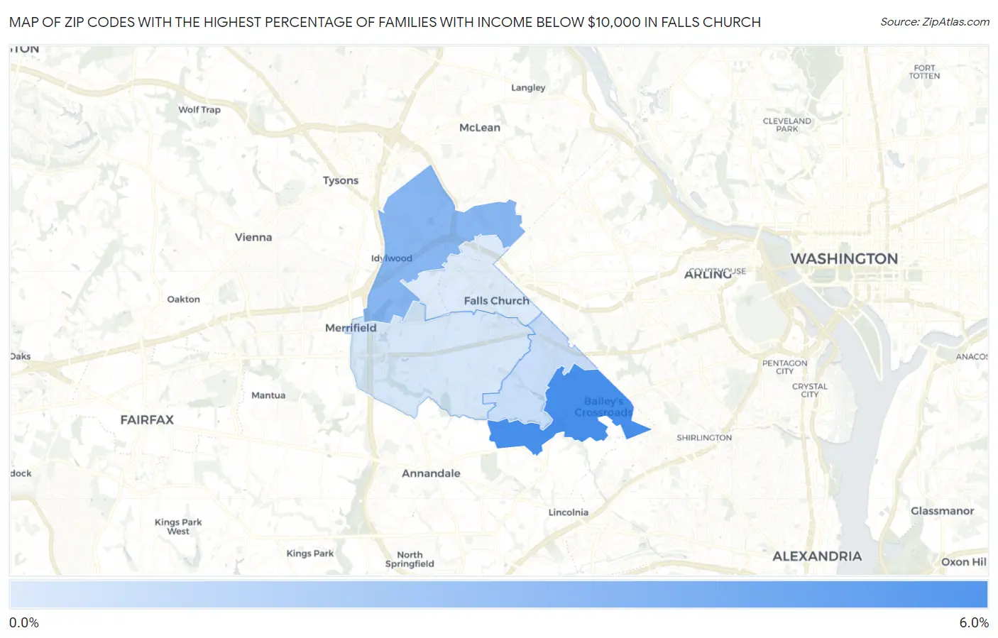 Zip Codes with the Highest Percentage of Families with Income Below $10,000 in Falls Church Map