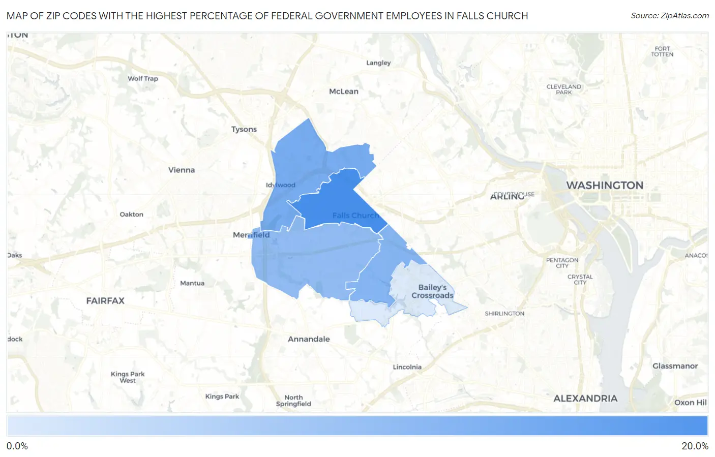 Zip Codes with the Highest Percentage of Federal Government Employees in Falls Church Map