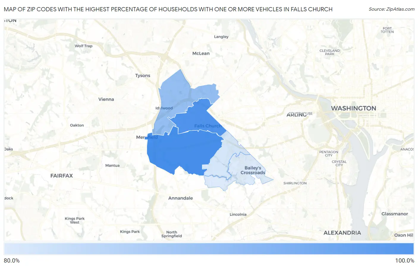 Zip Codes with the Highest Percentage of Households With One or more Vehicles in Falls Church Map