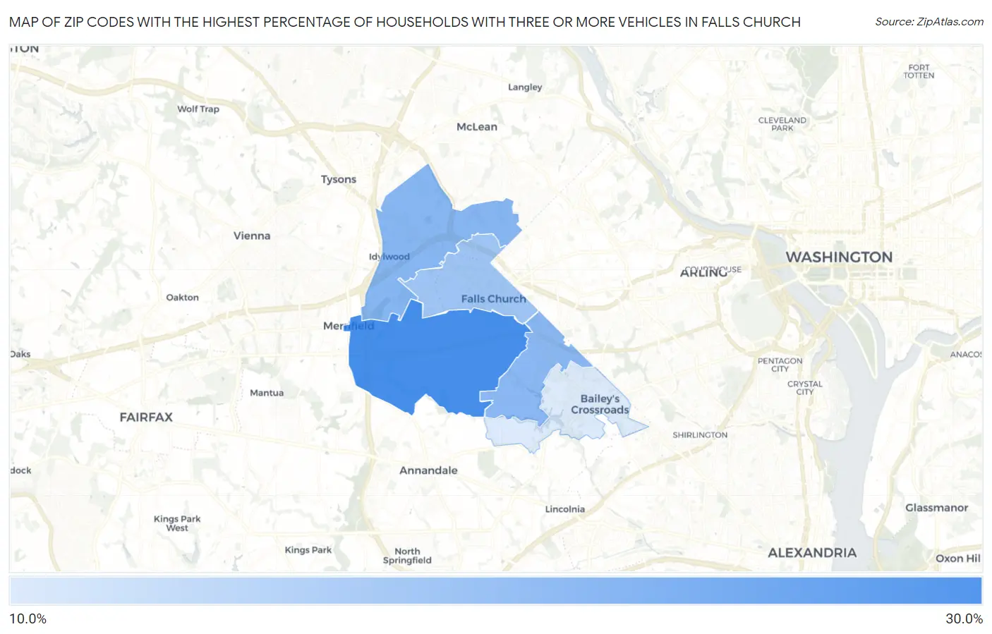 Zip Codes with the Highest Percentage of Households With Three or more Vehicles in Falls Church Map