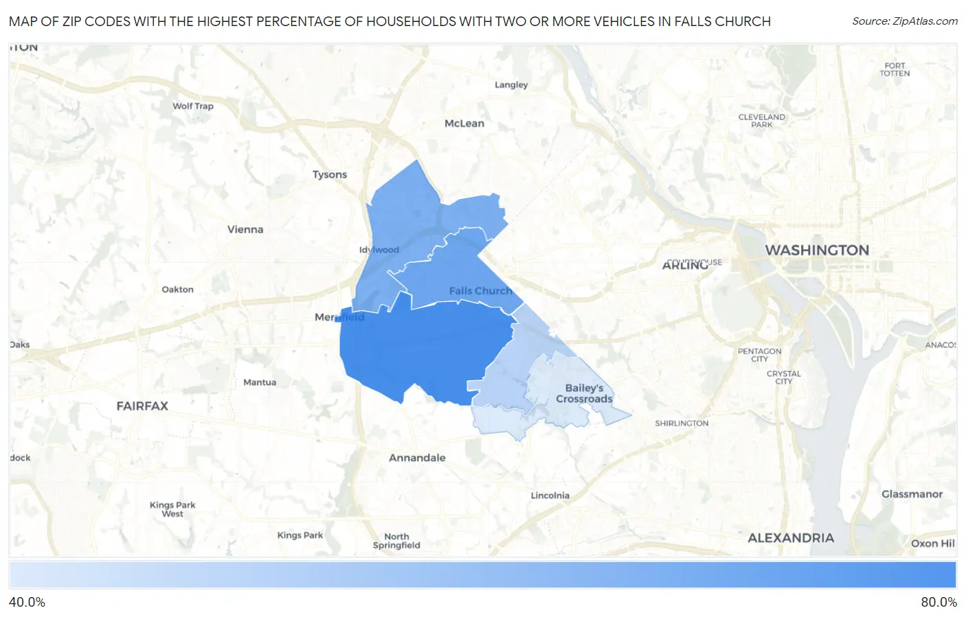 Zip Codes with the Highest Percentage of Households With Two or more Vehicles in Falls Church Map