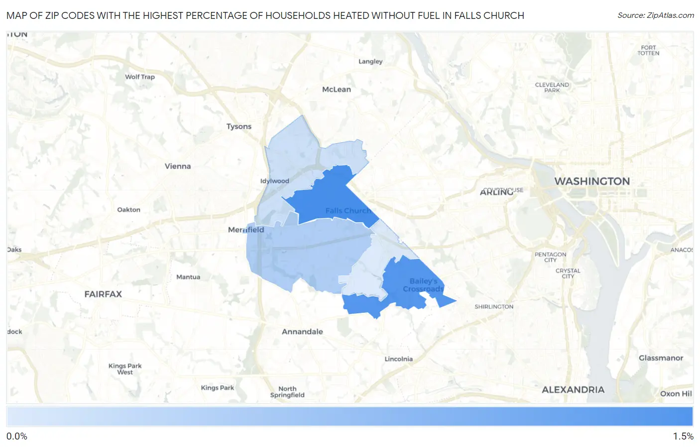 Zip Codes with the Highest Percentage of Households Heated without Fuel in Falls Church Map