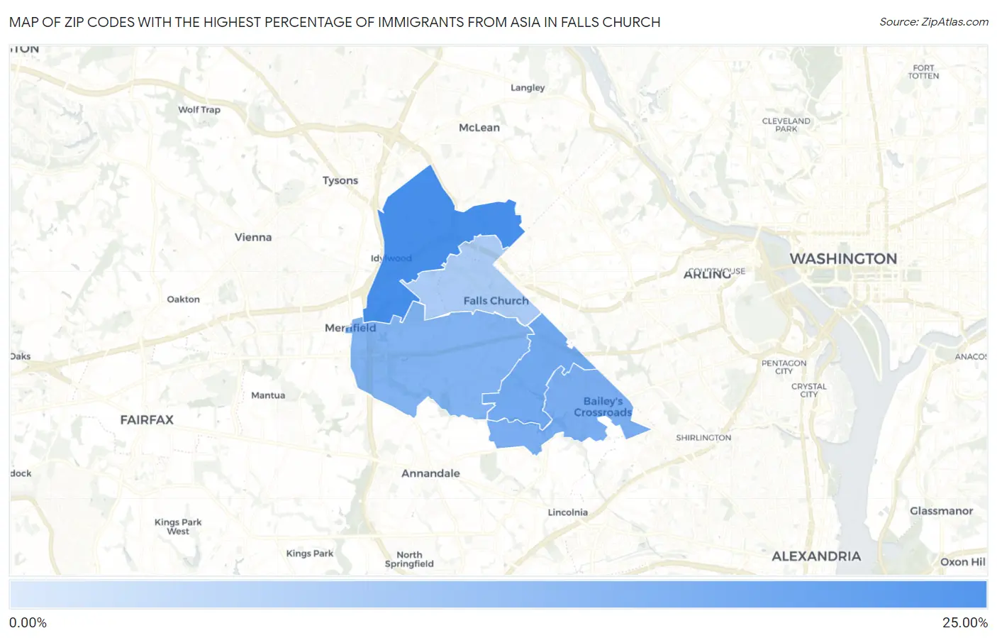 Zip Codes with the Highest Percentage of Immigrants from Asia in Falls Church Map