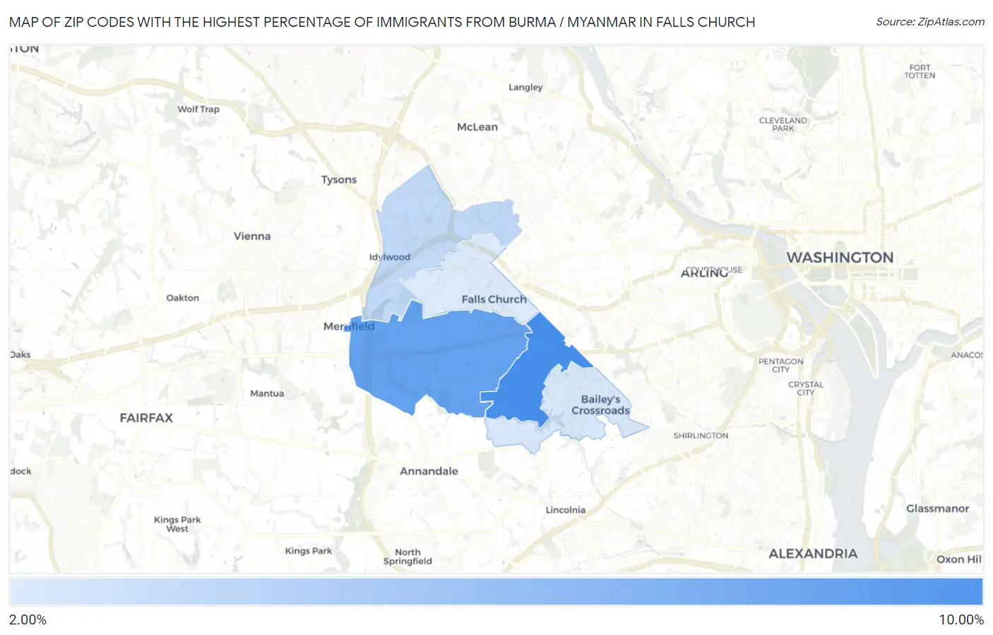Zip Codes with the Highest Percentage of Immigrants from Burma / Myanmar in Falls Church Map