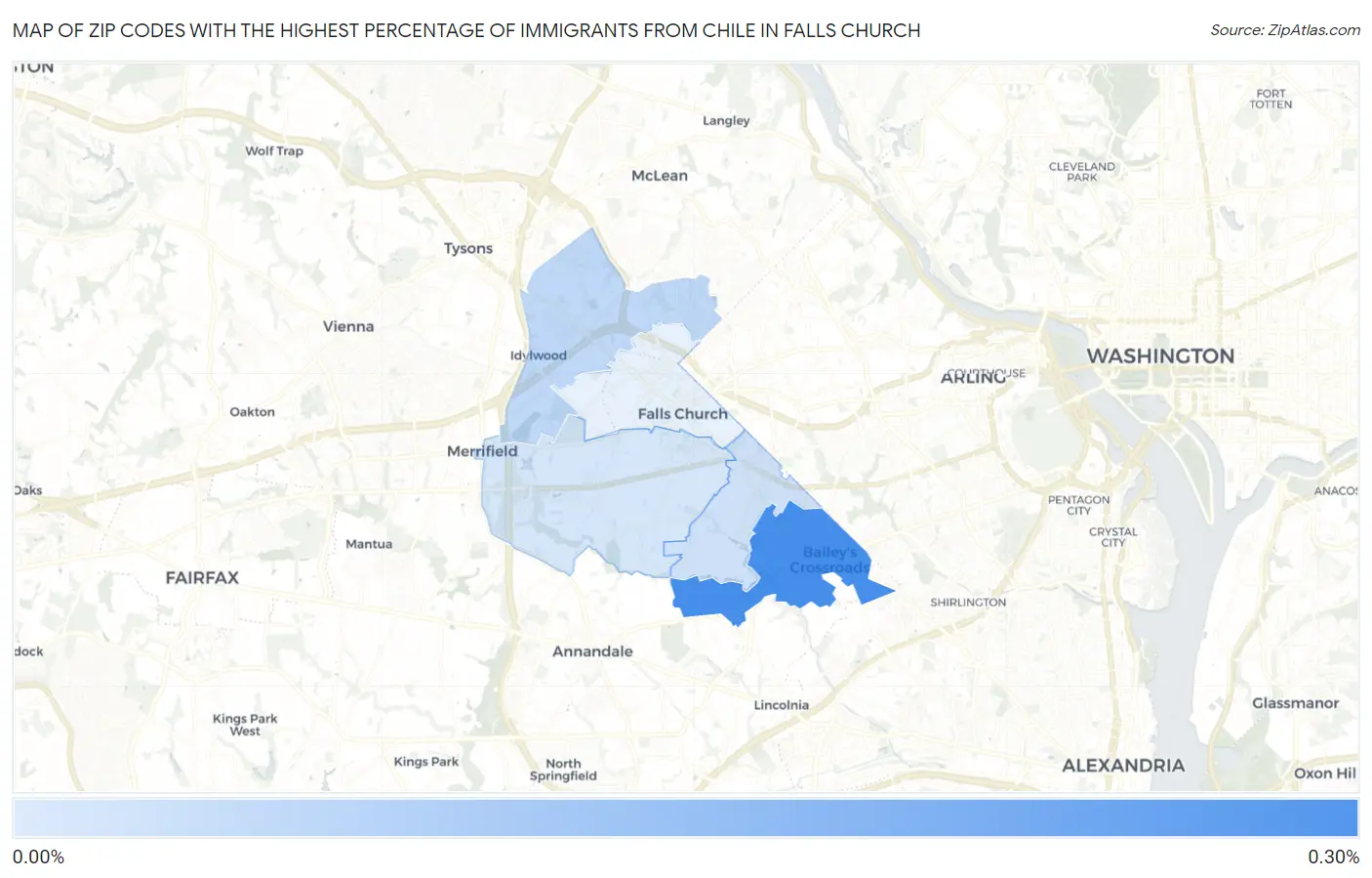 Zip Codes with the Highest Percentage of Immigrants from Chile in Falls Church Map