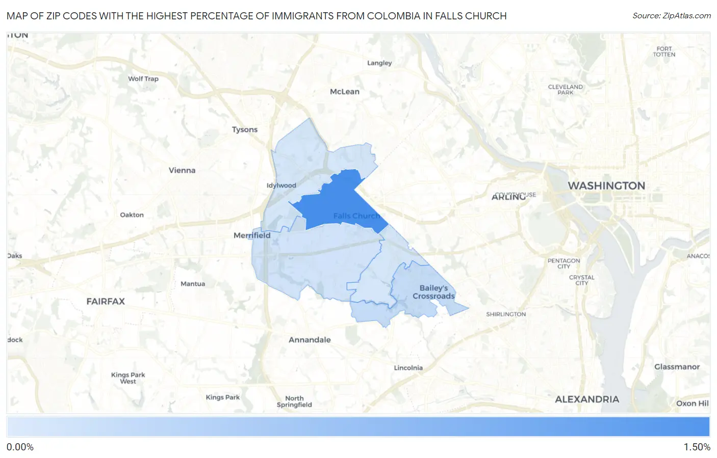 Zip Codes with the Highest Percentage of Immigrants from Colombia in Falls Church Map