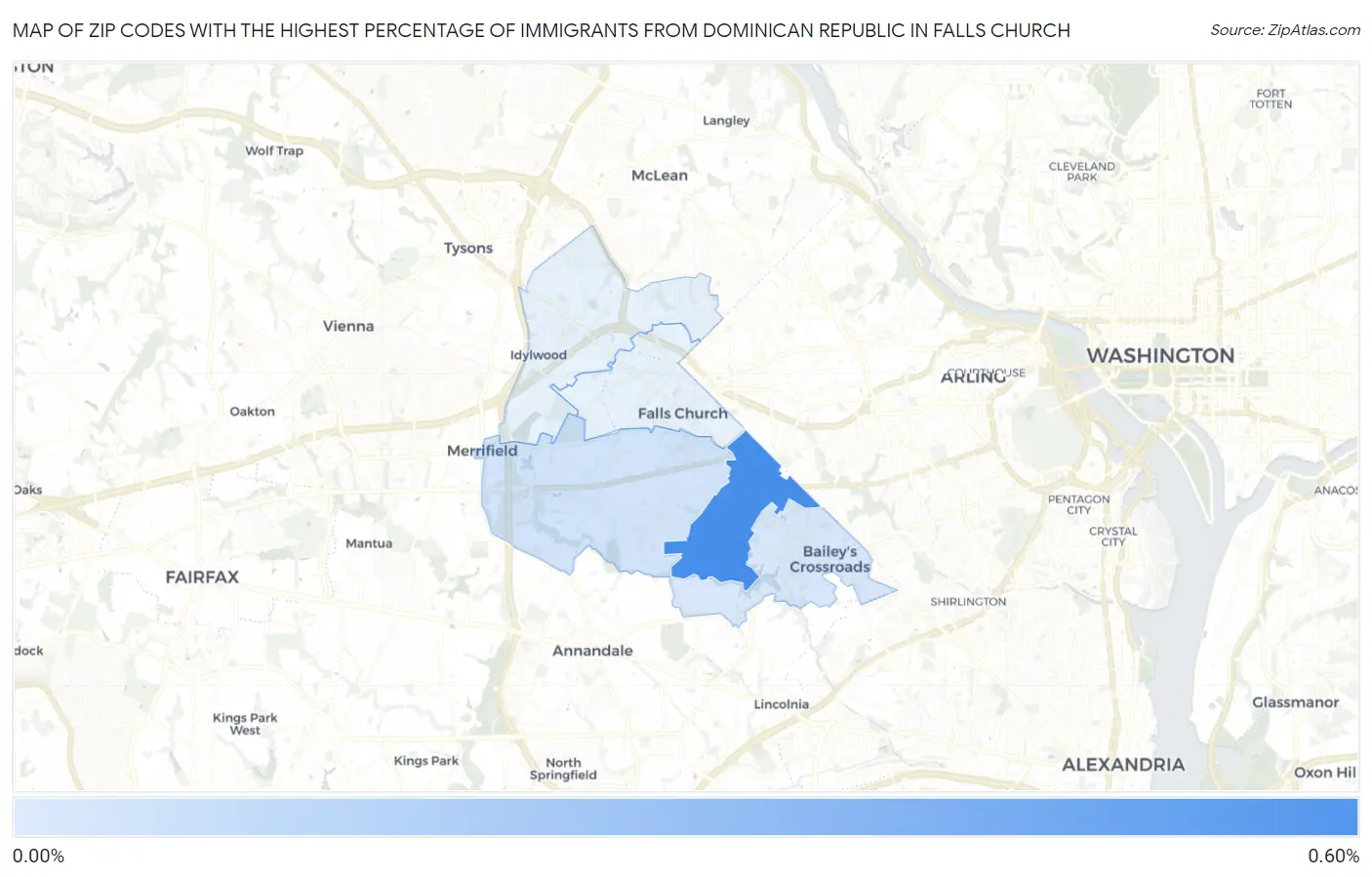 Zip Codes with the Highest Percentage of Immigrants from Dominican Republic in Falls Church Map