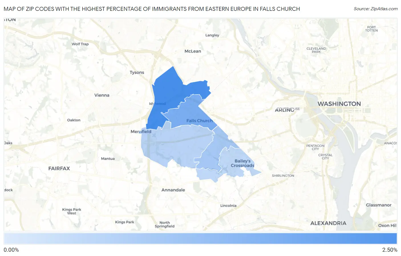 Zip Codes with the Highest Percentage of Immigrants from Eastern Europe in Falls Church Map
