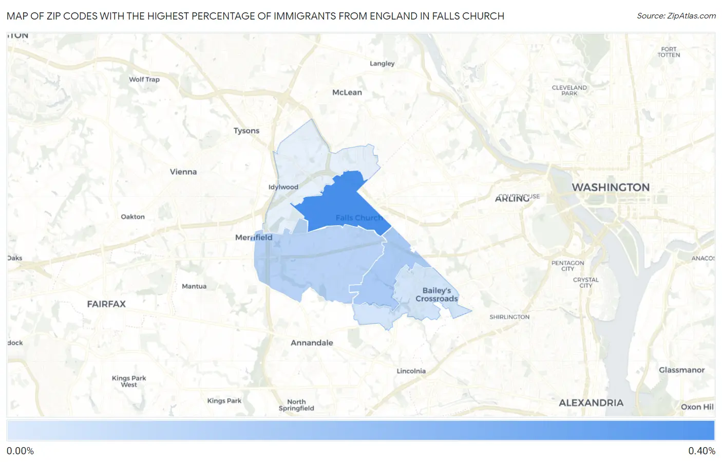 Zip Codes with the Highest Percentage of Immigrants from England in Falls Church Map