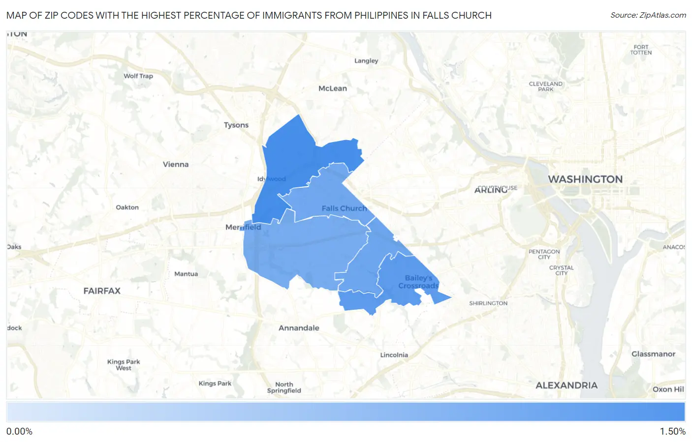 Zip Codes with the Highest Percentage of Immigrants from Philippines in Falls Church Map