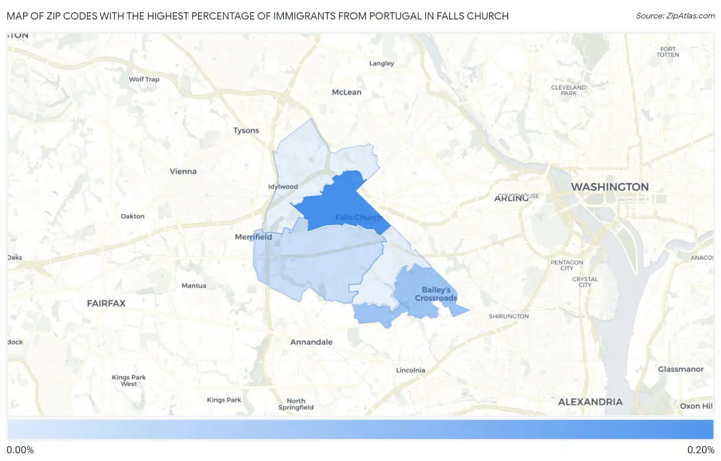 Zip Codes with the Highest Percentage of Immigrants from Portugal in Falls Church Map
