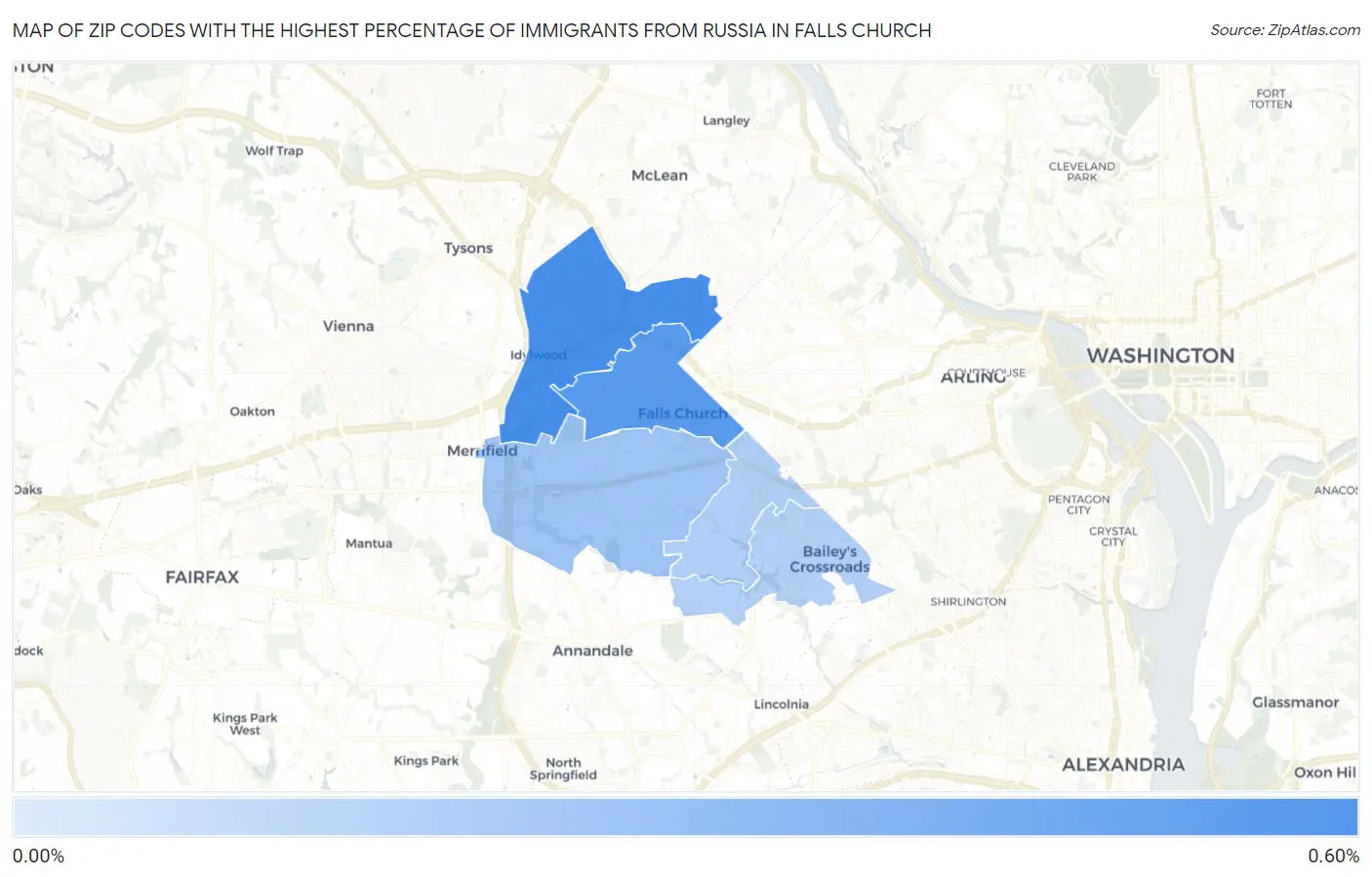 Zip Codes with the Highest Percentage of Immigrants from Russia in Falls Church Map