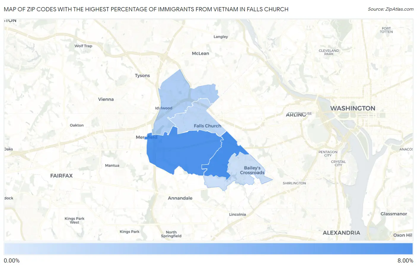 Zip Codes with the Highest Percentage of Immigrants from Vietnam in Falls Church Map