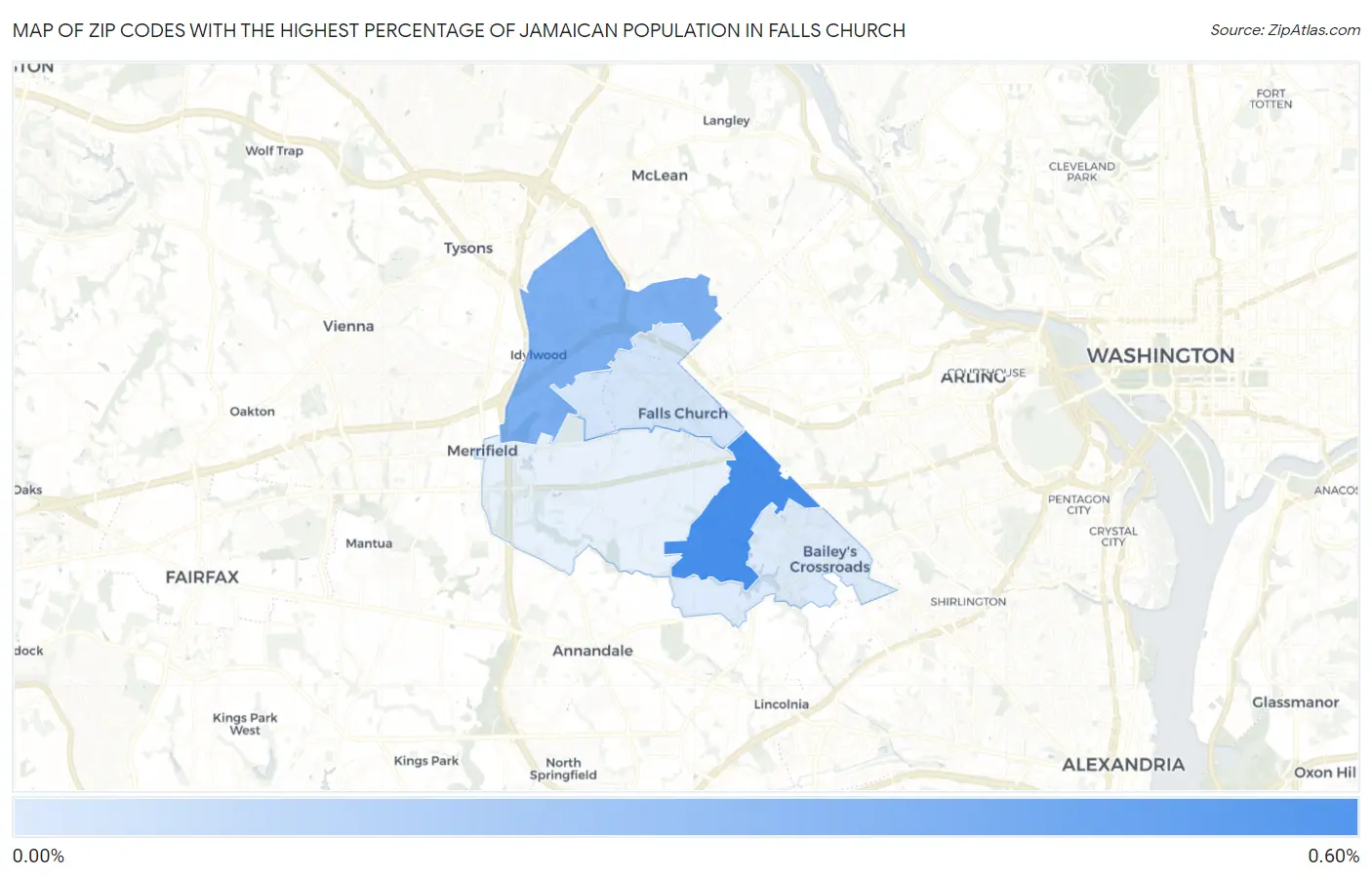 Zip Codes with the Highest Percentage of Jamaican Population in Falls Church Map