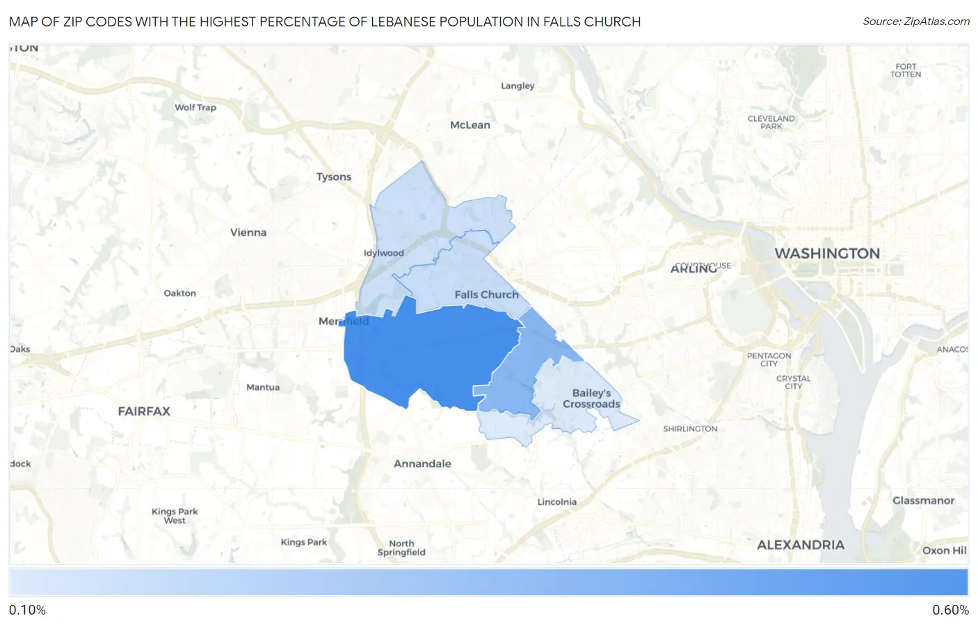 Zip Codes with the Highest Percentage of Lebanese Population in Falls Church Map