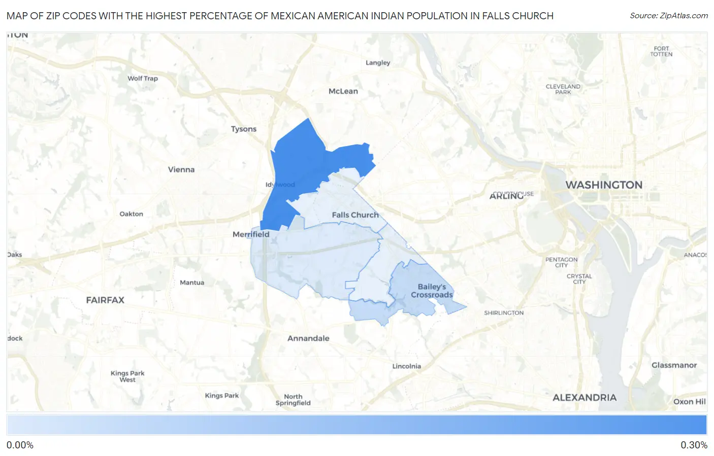 Zip Codes with the Highest Percentage of Mexican American Indian Population in Falls Church Map