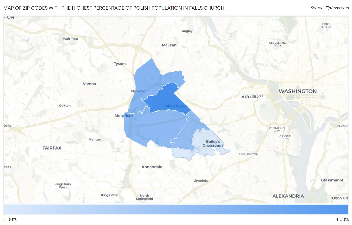 Zip Codes with the Highest Percentage of Polish Population in Falls Church Map