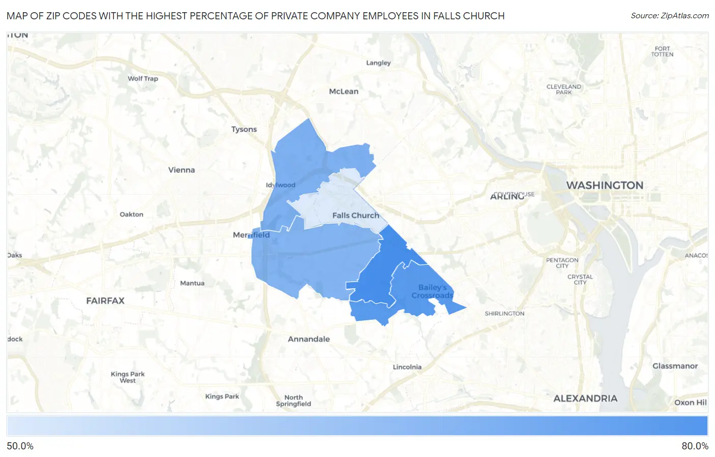 Zip Codes with the Highest Percentage of Private Company Employees in Falls Church Map
