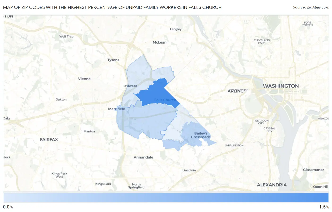 Zip Codes with the Highest Percentage of Unpaid Family Workers in Falls Church Map