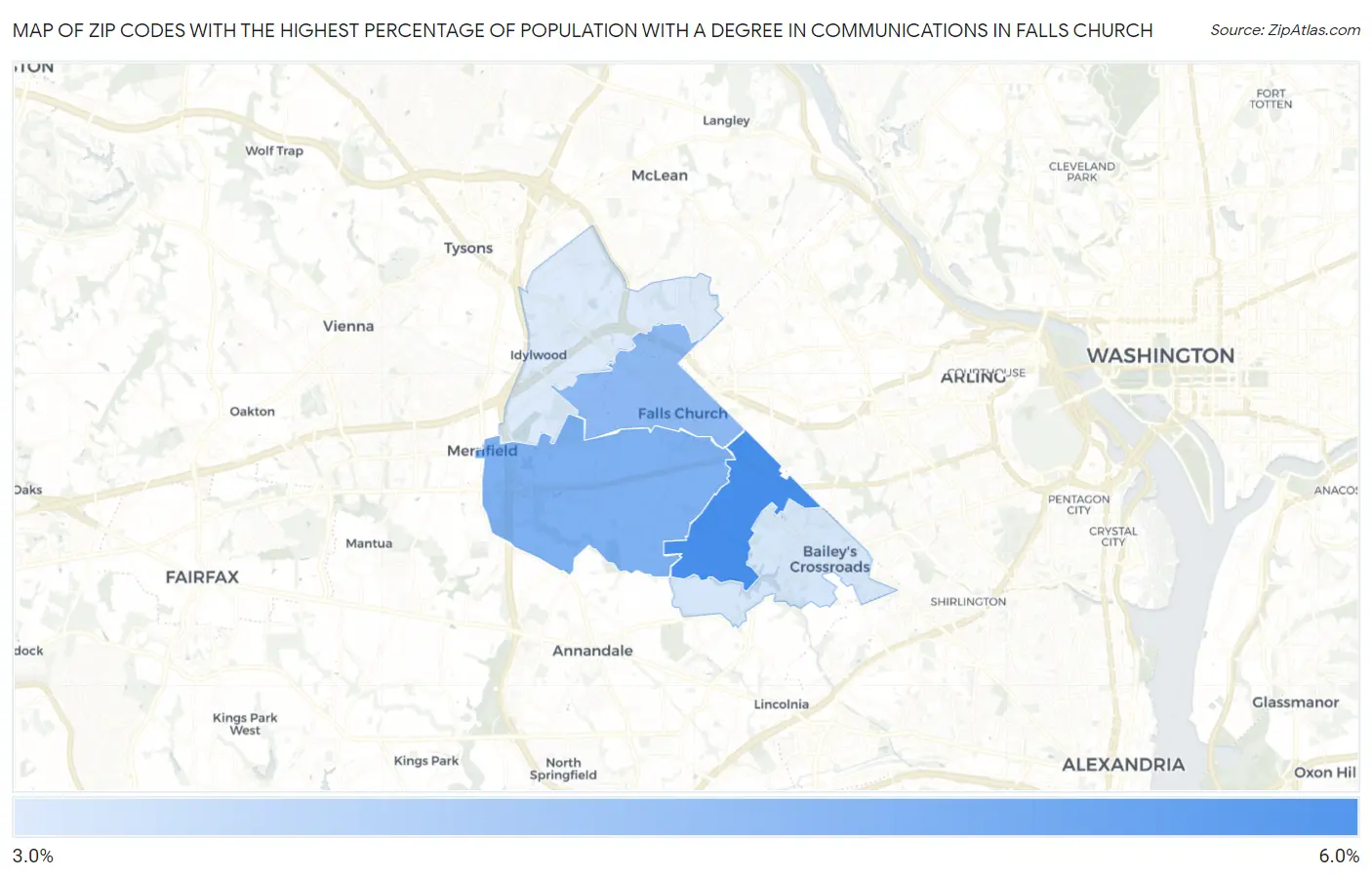 Zip Codes with the Highest Percentage of Population with a Degree in Communications in Falls Church Map