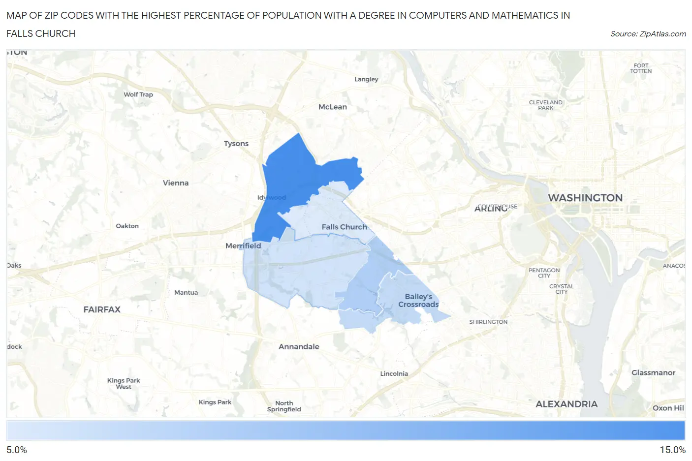 Zip Codes with the Highest Percentage of Population with a Degree in Computers and Mathematics in Falls Church Map