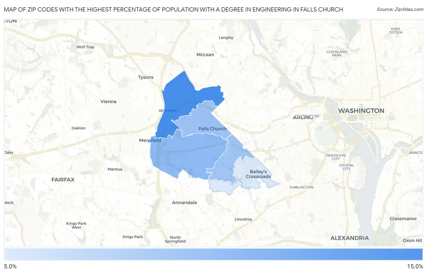 Zip Codes with the Highest Percentage of Population with a Degree in Engineering in Falls Church Map