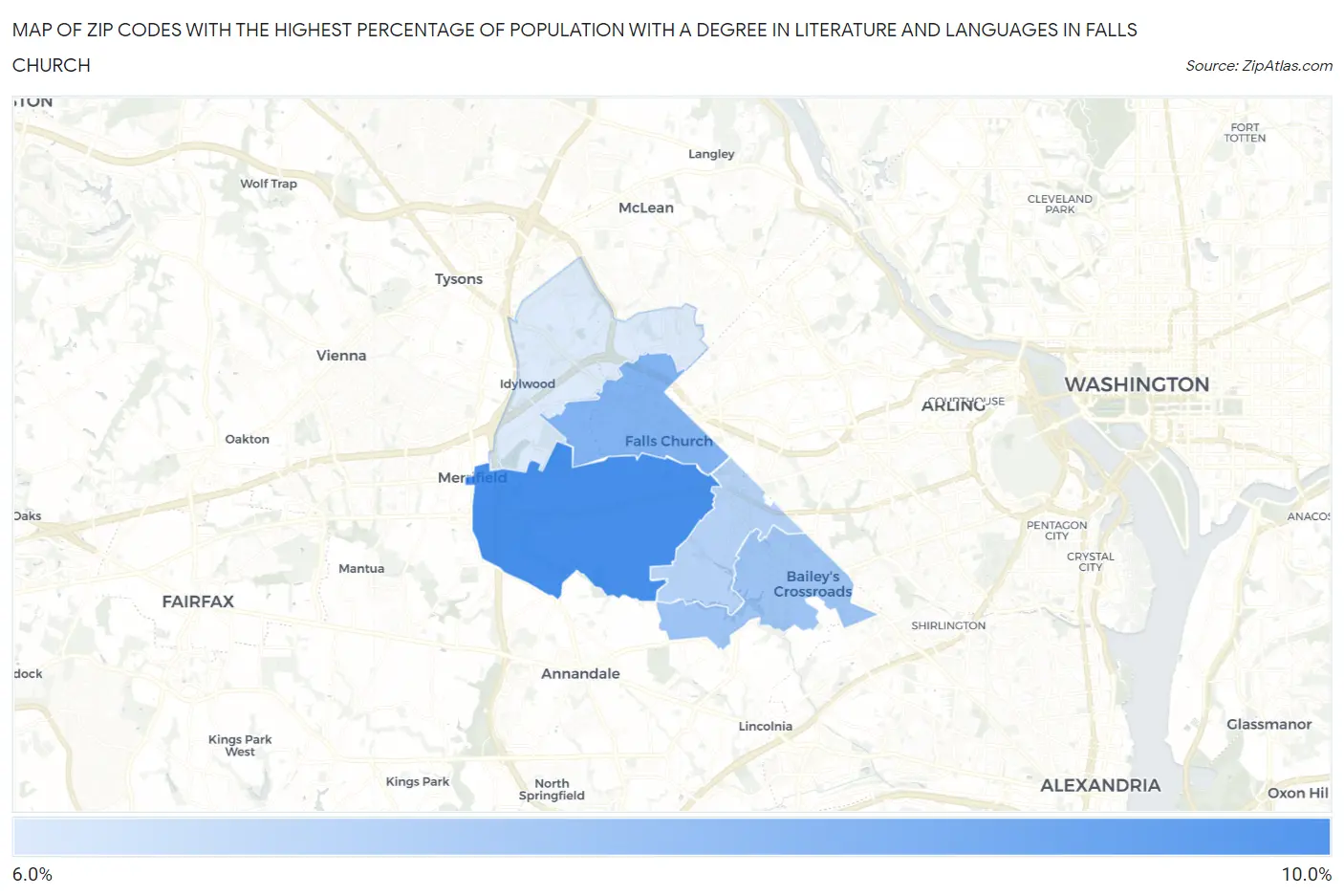 Zip Codes with the Highest Percentage of Population with a Degree in Literature and Languages in Falls Church Map