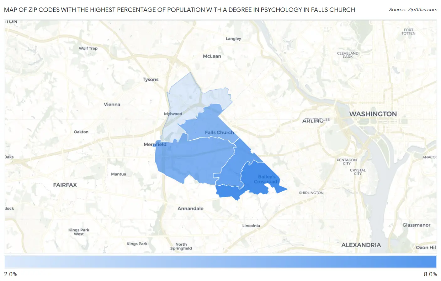 Zip Codes with the Highest Percentage of Population with a Degree in Psychology in Falls Church Map