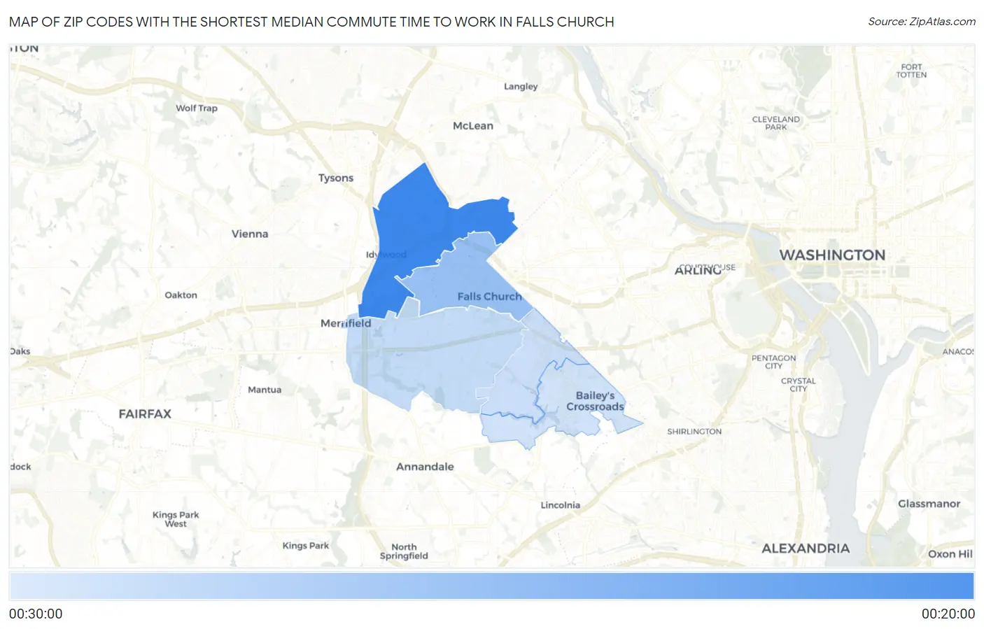 Zip Codes with the Shortest Median Commute Time to Work in Falls Church Map