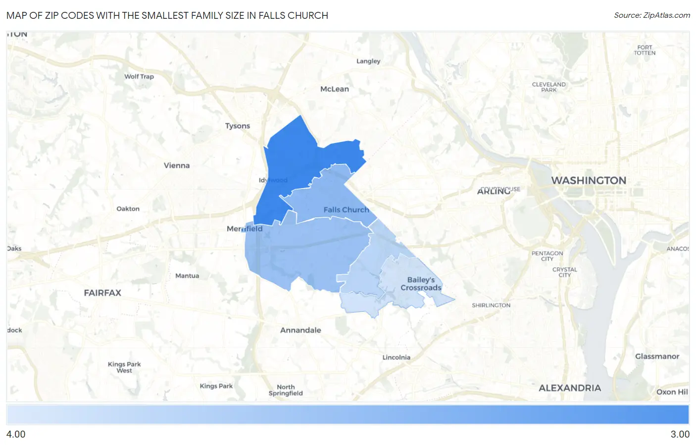Zip Codes with the Smallest Family Size in Falls Church Map