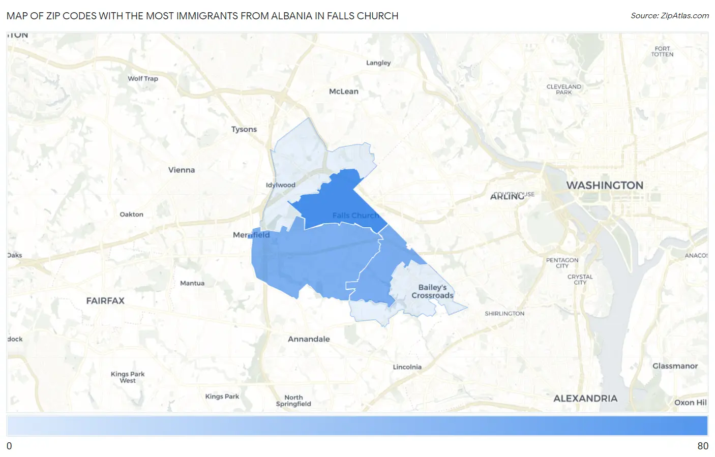 Zip Codes with the Most Immigrants from Albania in Falls Church Map