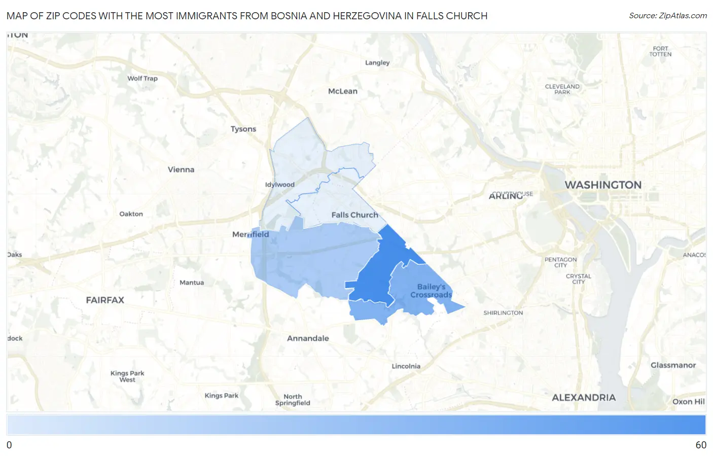 Zip Codes with the Most Immigrants from Bosnia and Herzegovina in Falls Church Map