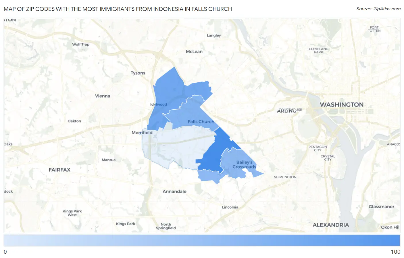 Zip Codes with the Most Immigrants from Indonesia in Falls Church Map