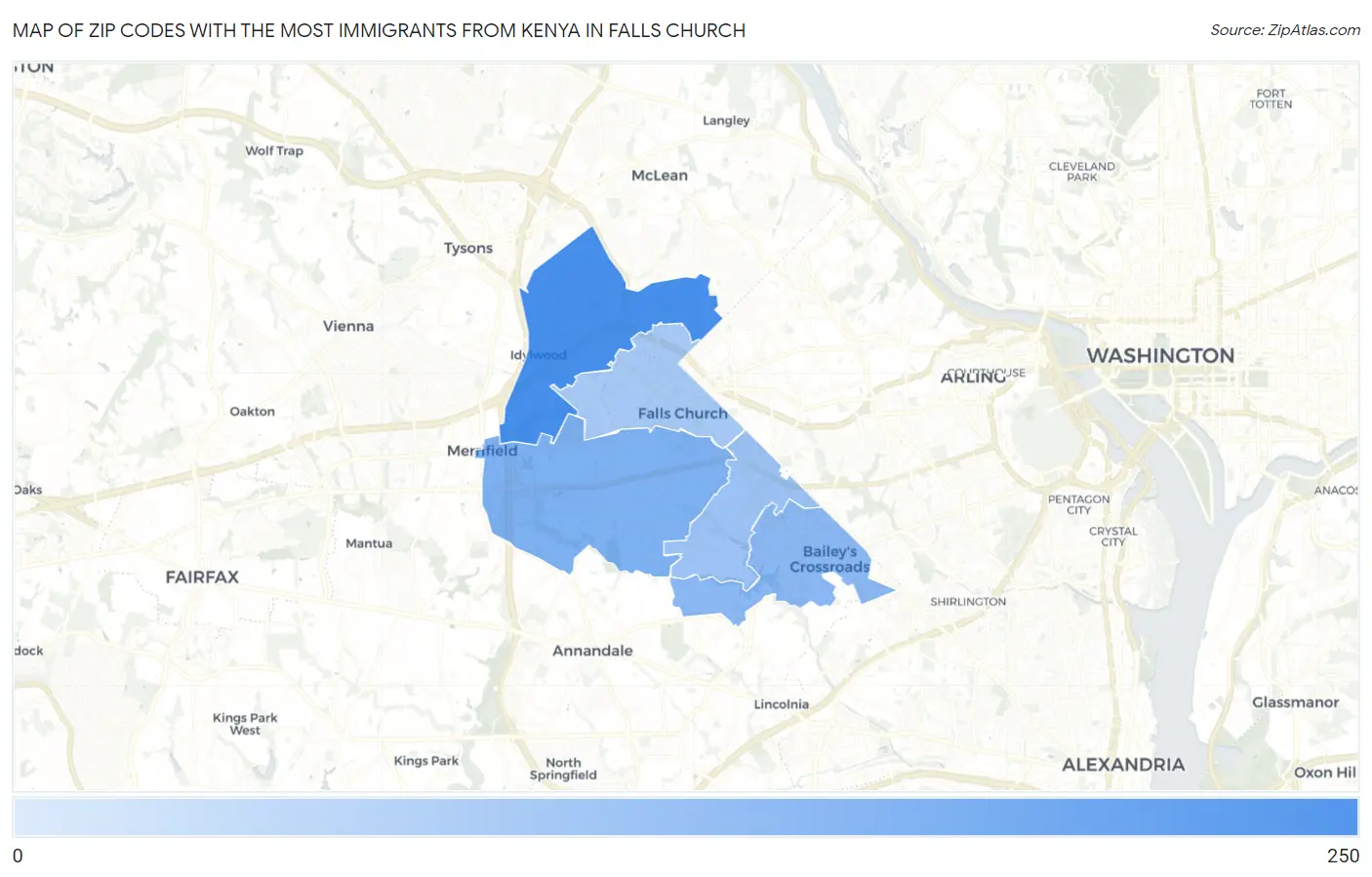 Zip Codes with the Most Immigrants from Kenya in Falls Church Map
