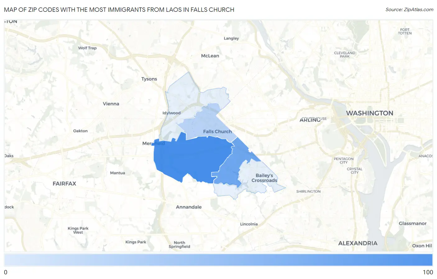 Zip Codes with the Most Immigrants from Laos in Falls Church Map