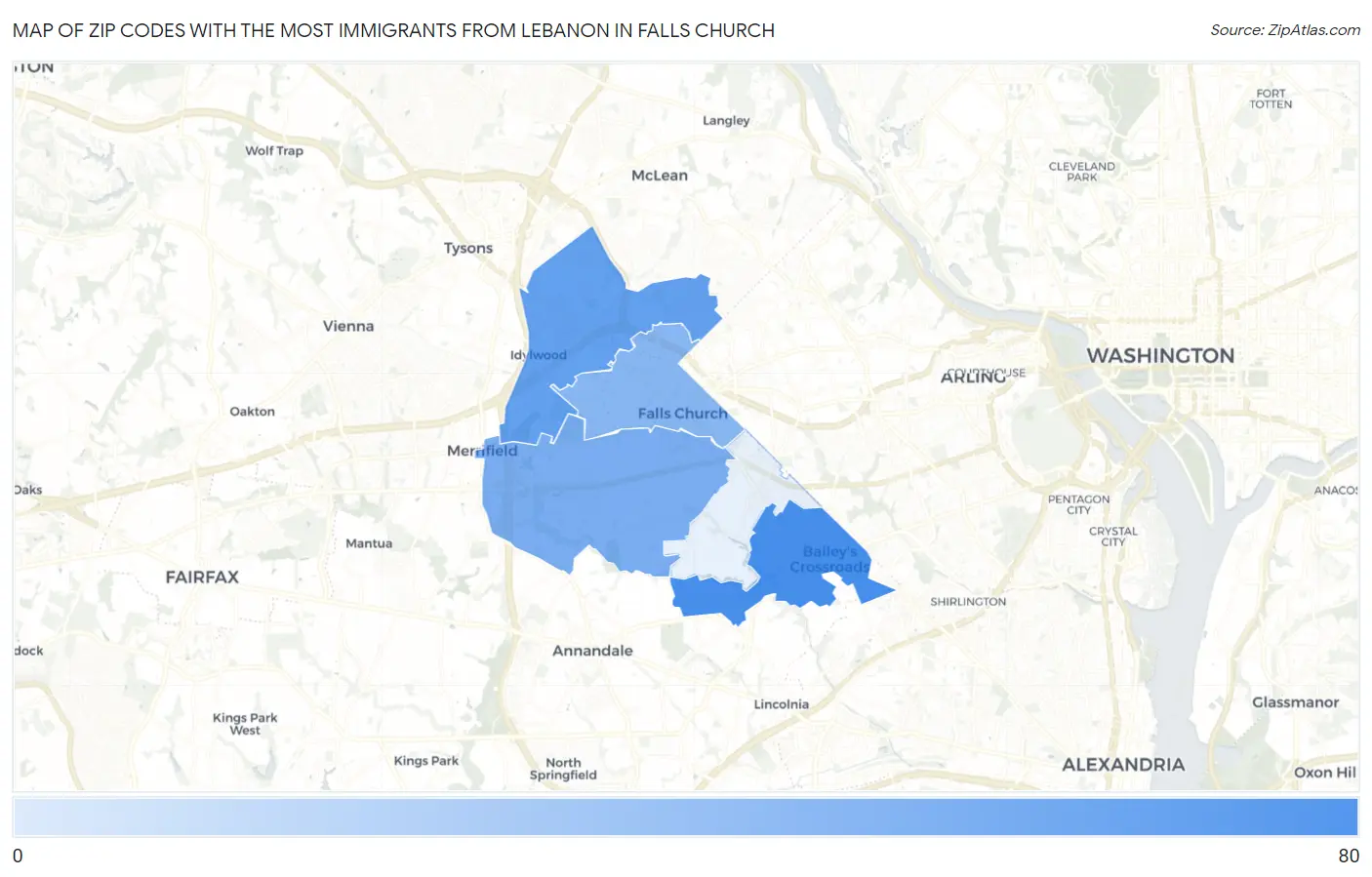 Zip Codes with the Most Immigrants from Lebanon in Falls Church Map