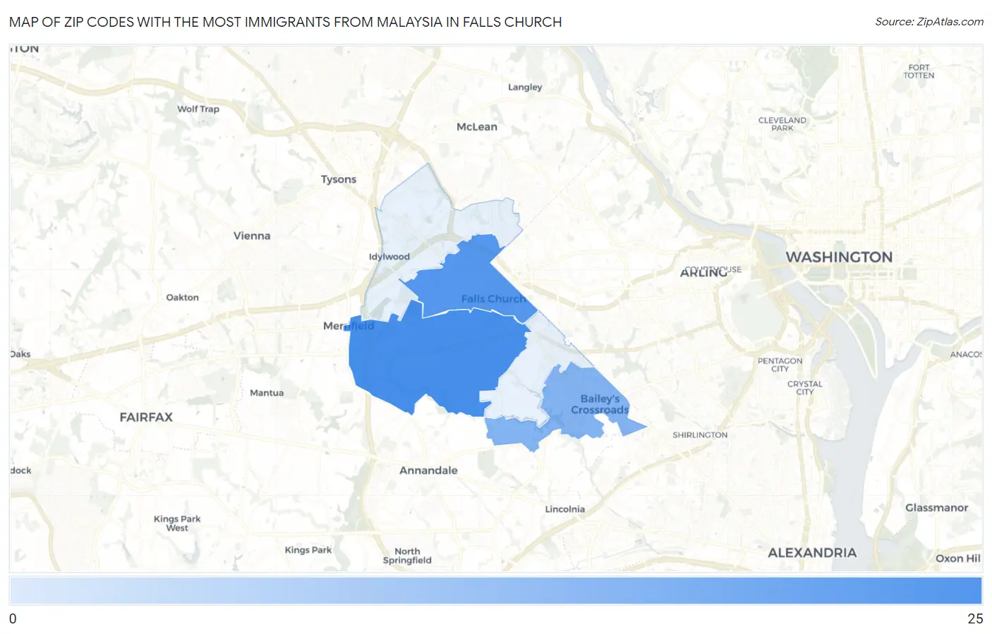 Zip Codes with the Most Immigrants from Malaysia in Falls Church Map