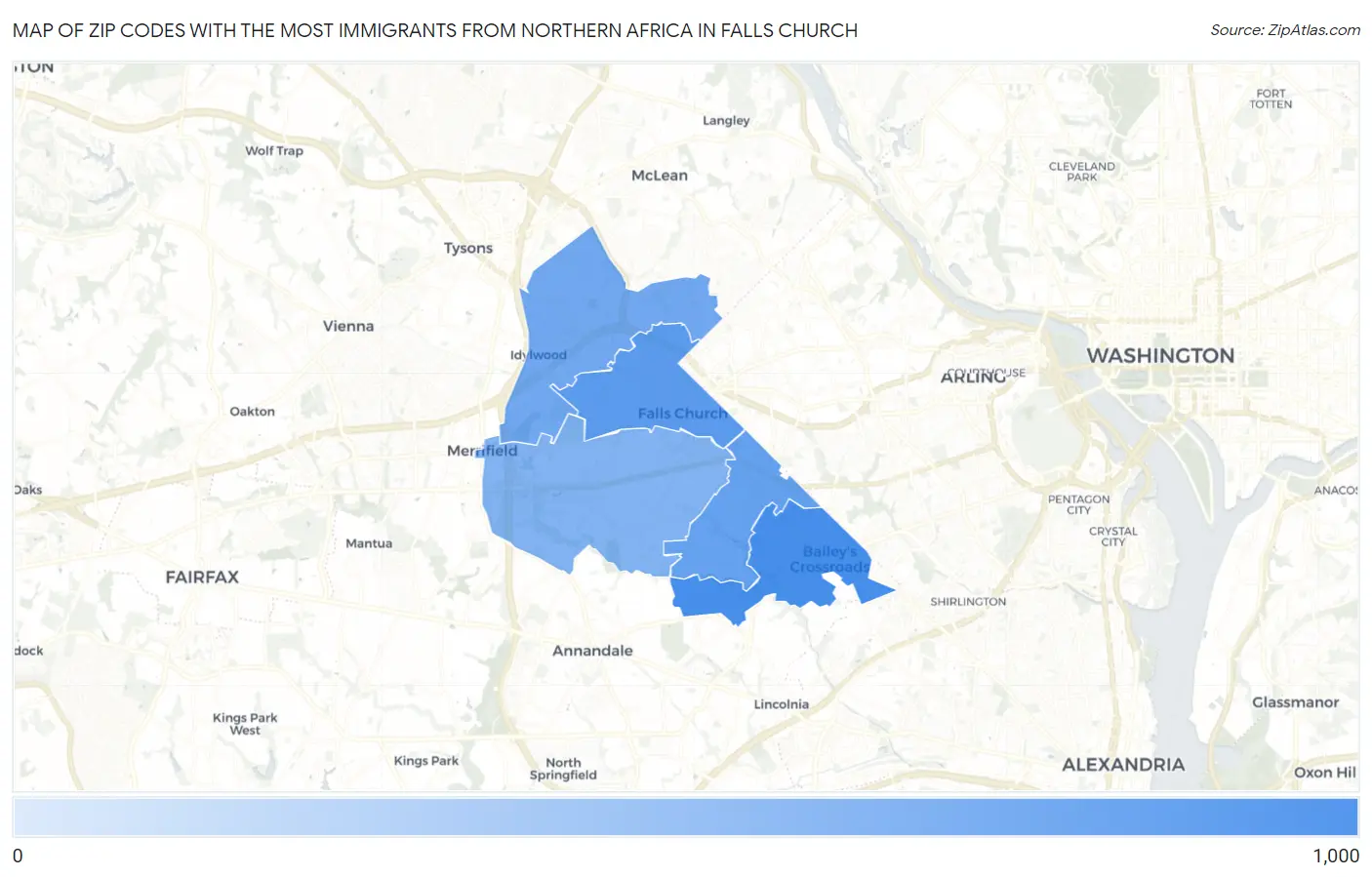 Zip Codes with the Most Immigrants from Northern Africa in Falls Church Map
