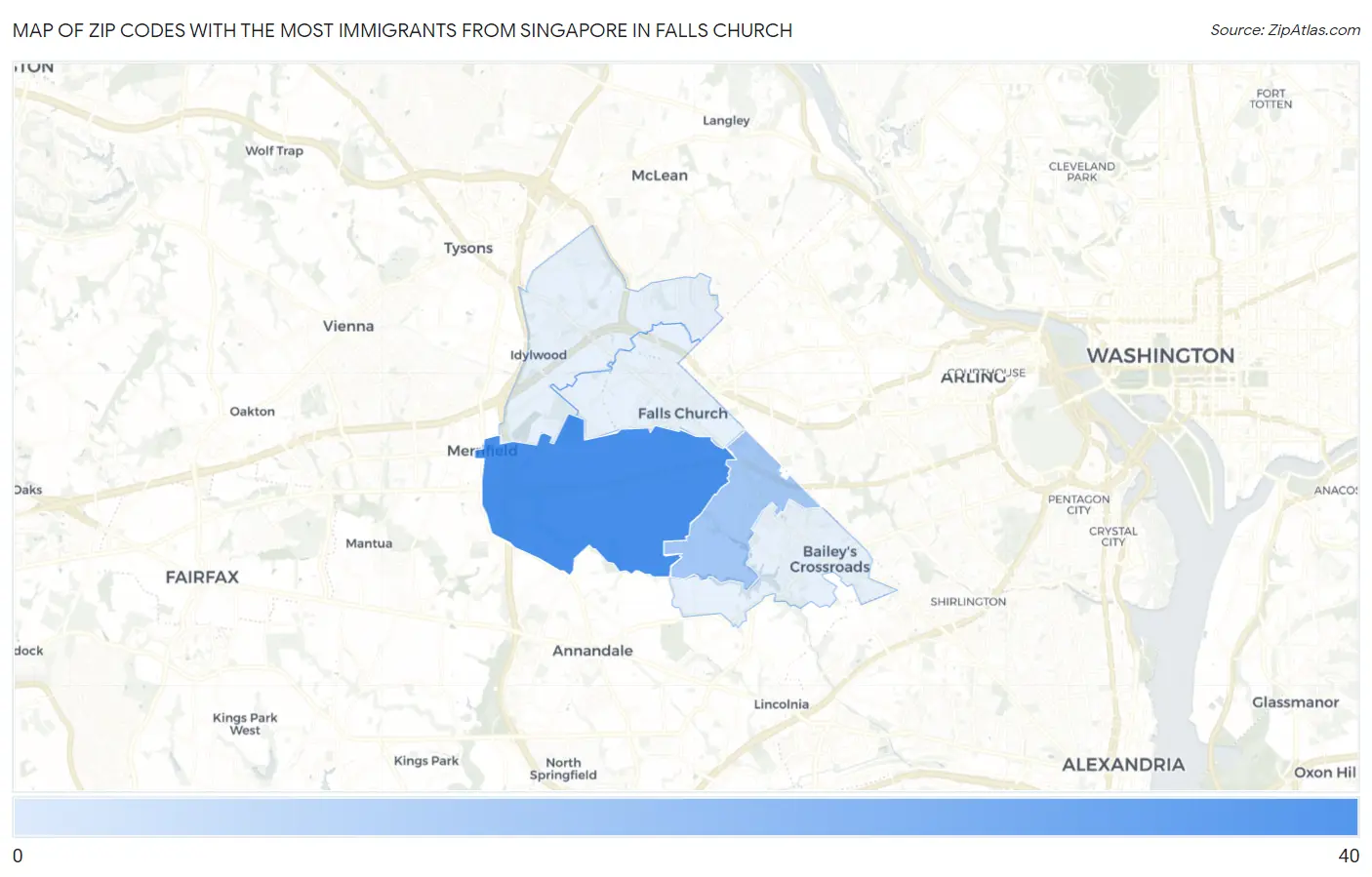 Zip Codes with the Most Immigrants from Singapore in Falls Church Map