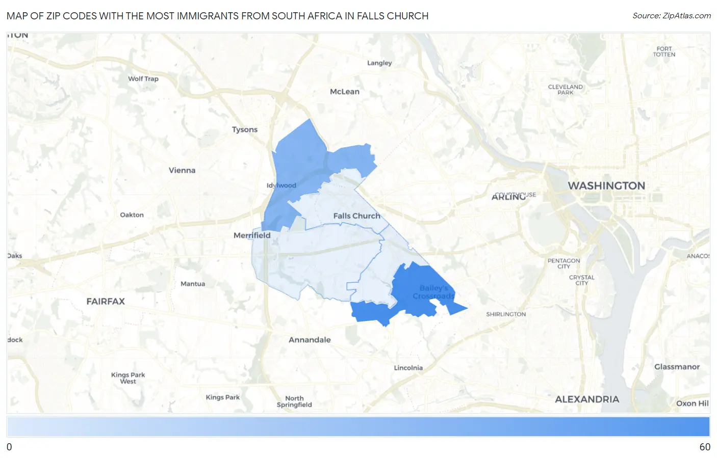 Zip Codes with the Most Immigrants from South Africa in Falls Church Map
