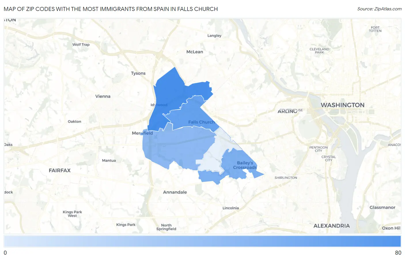 Zip Codes with the Most Immigrants from Spain in Falls Church Map