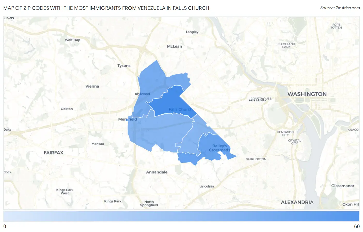 Zip Codes with the Most Immigrants from Venezuela in Falls Church Map