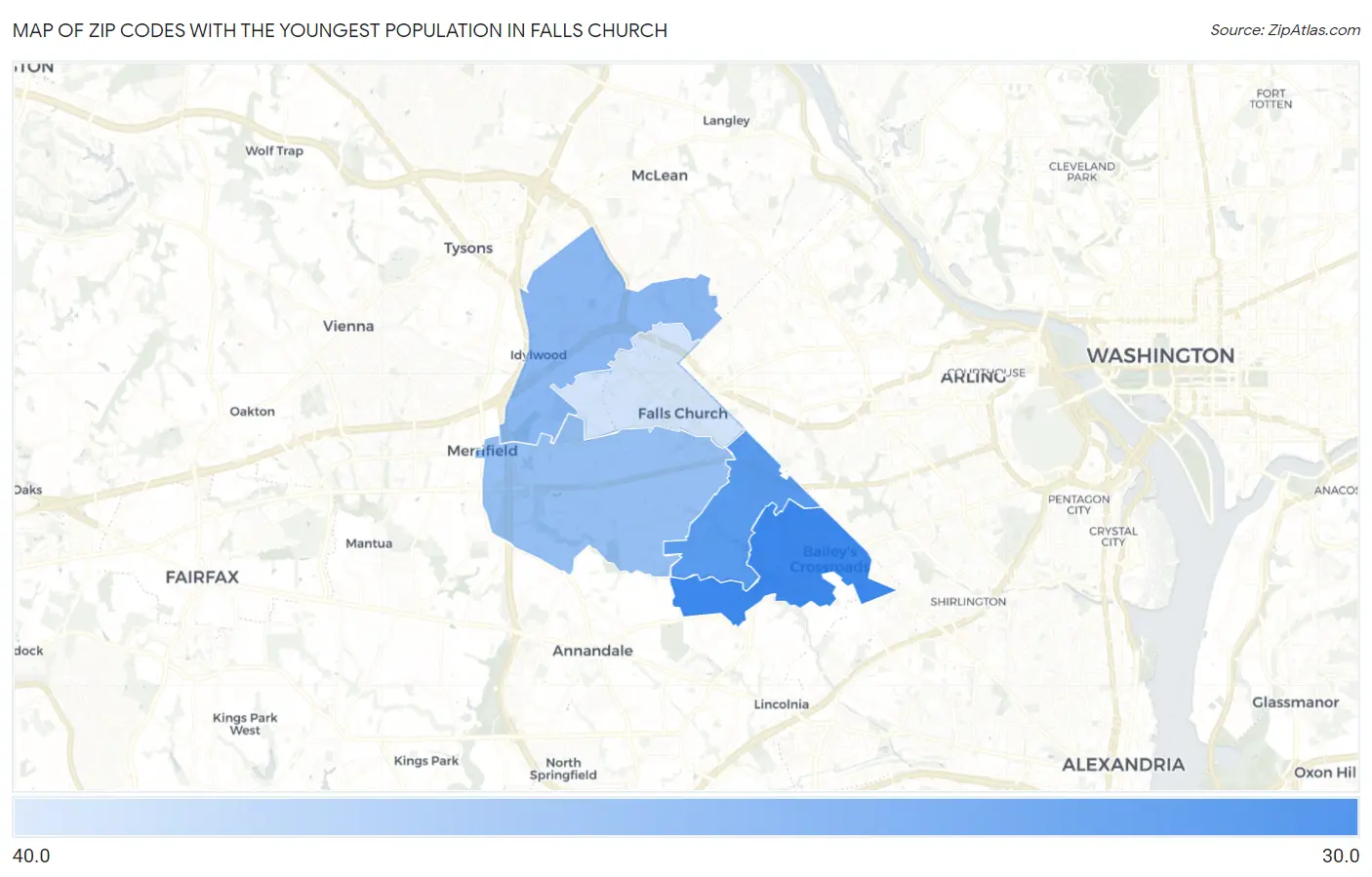 Zip Codes with the Youngest Population in Falls Church Map